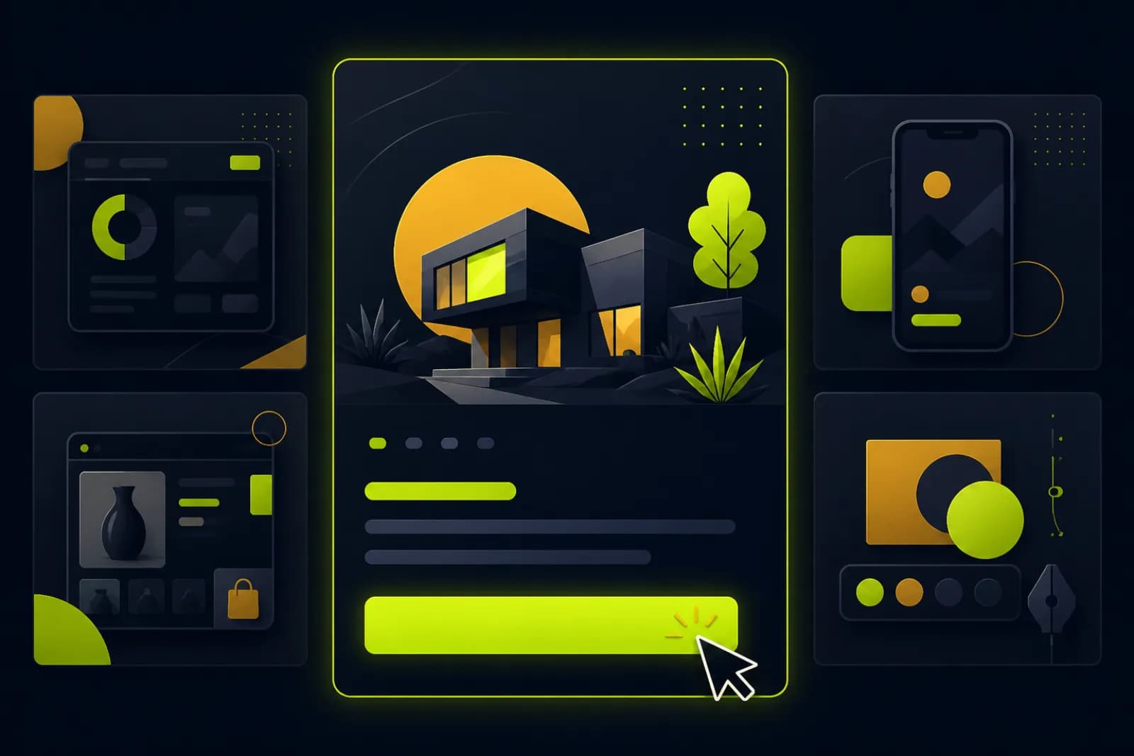 Illustration of a bento grid of portfolio project cards with one spotlighted case study