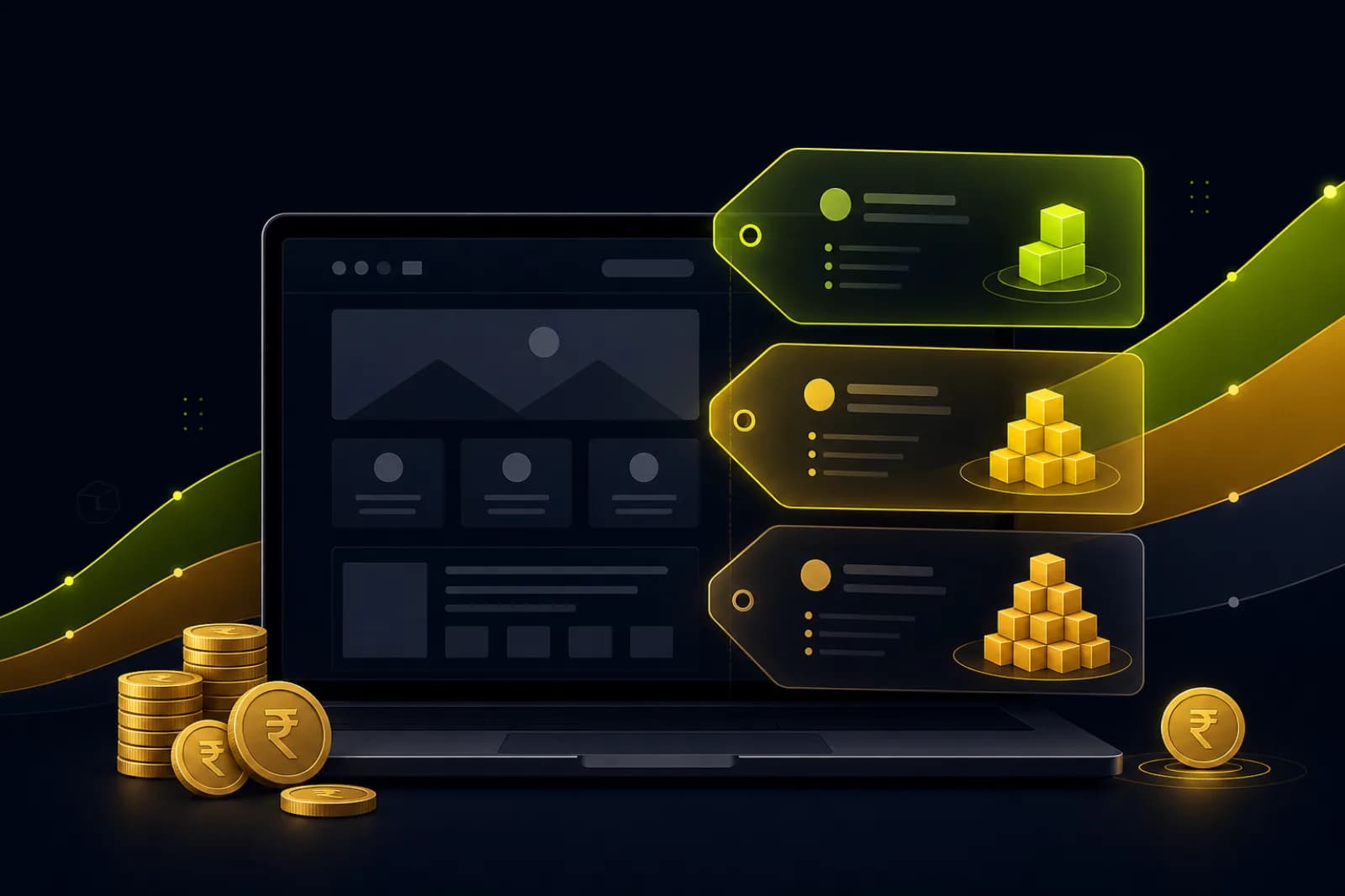 Illustration of a website wireframe with layered price tiers and rupee coins