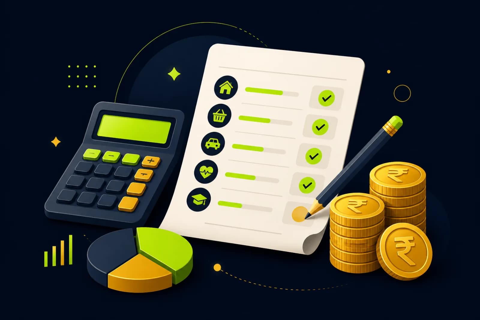 Illustration of a budget breakdown with invoice line items, calculator, and rupee coins