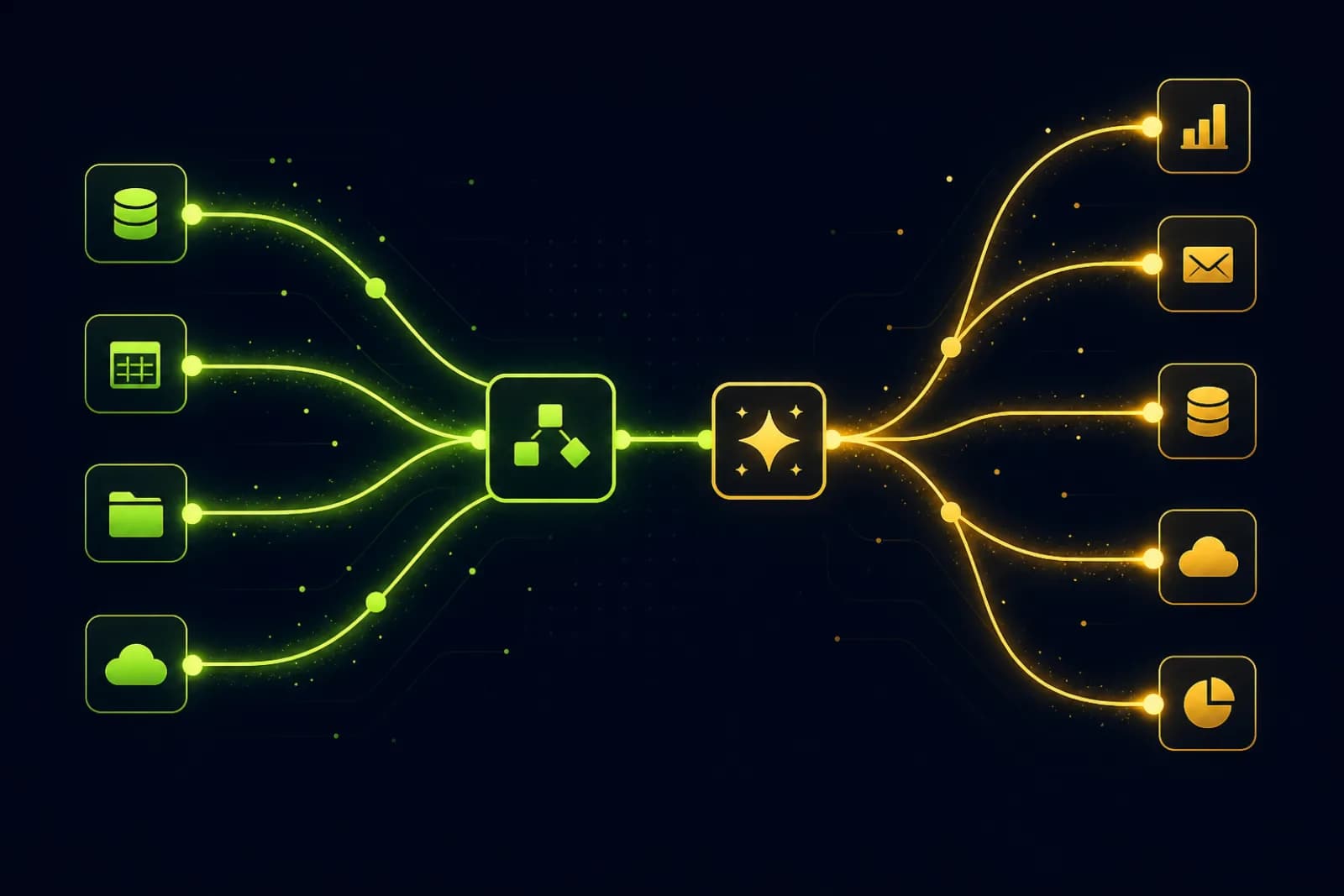 Illustration of a node-based workflow canvas with glowing connected automation nodes