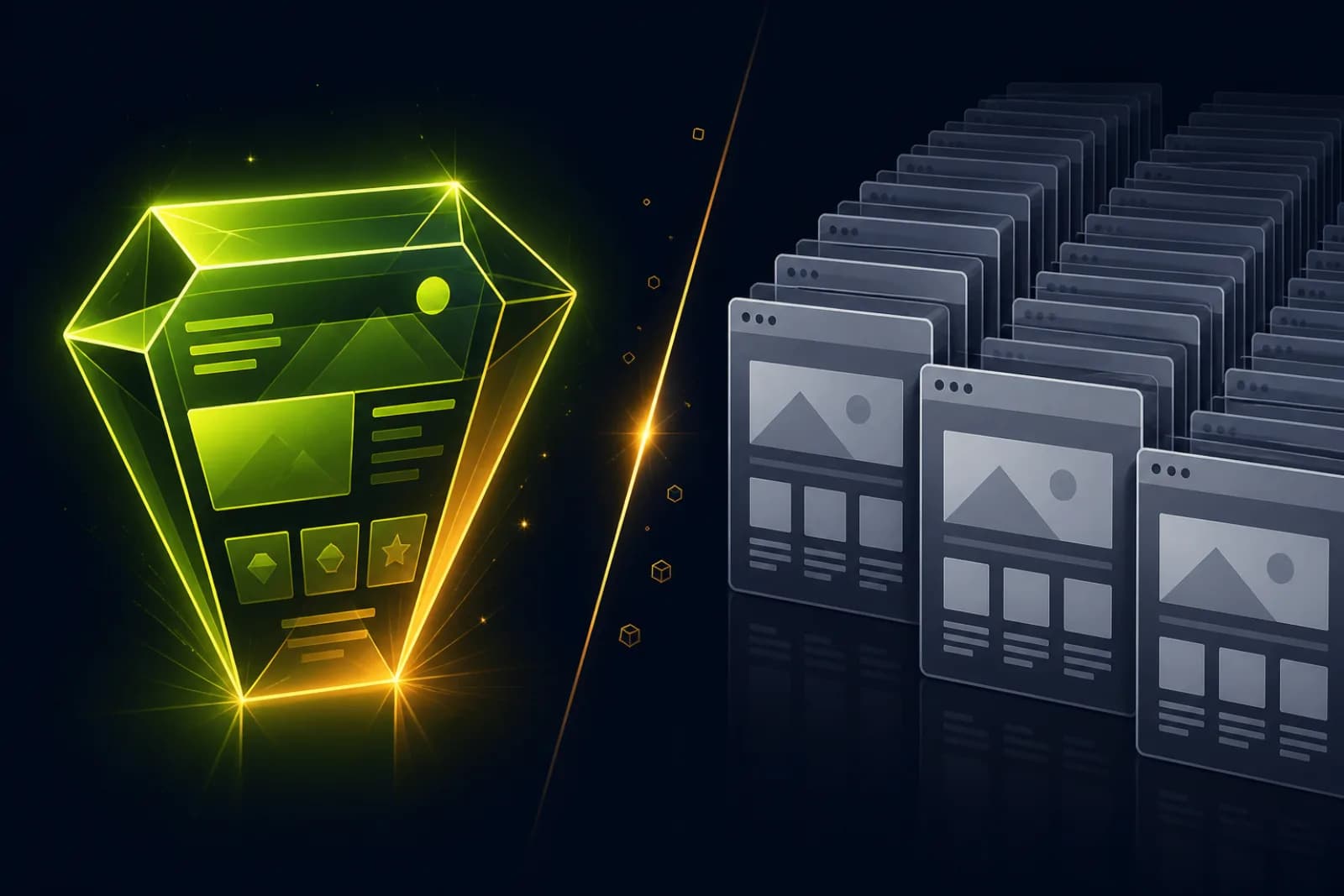 Illustration comparing a bespoke gem-cut website layout against duplicated generic template stacks