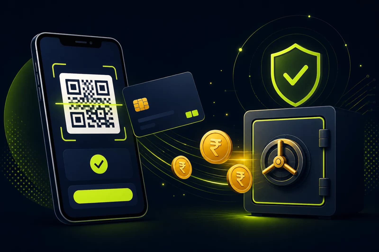 Illustration of a smartphone checkout with QR code, credit card, and rupee coins flowing into a secure vault