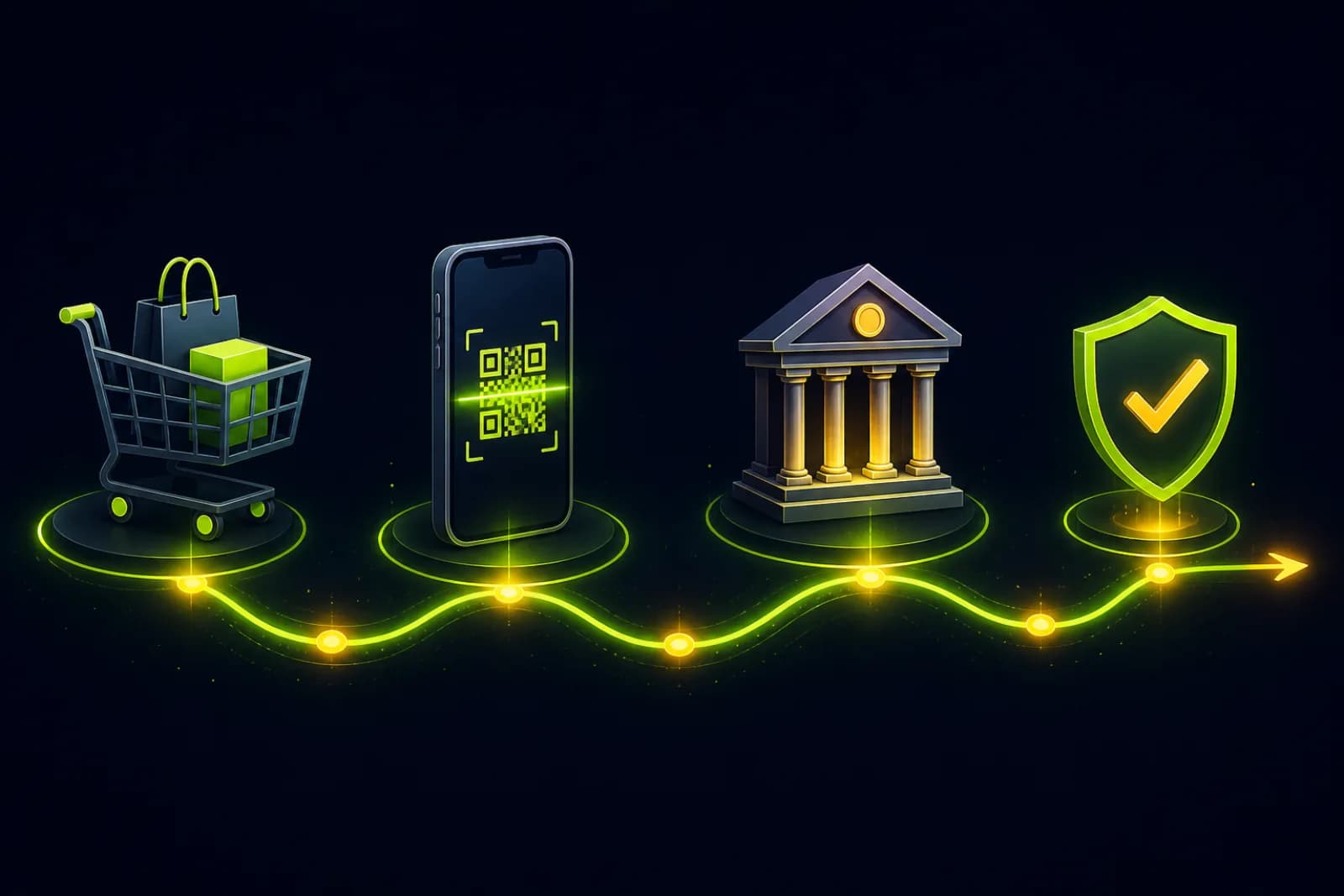Illustration of a payment flow from cart to QR scan to bank confirmation