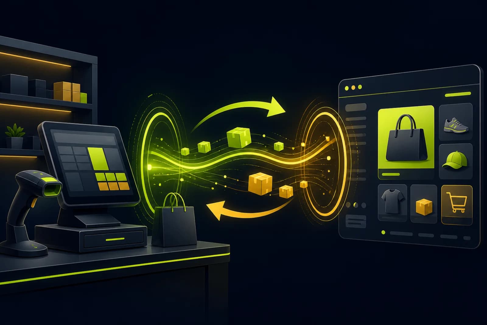Illustration of a POS terminal and an online store connected by a bidirectional data bridge with inventory boxes