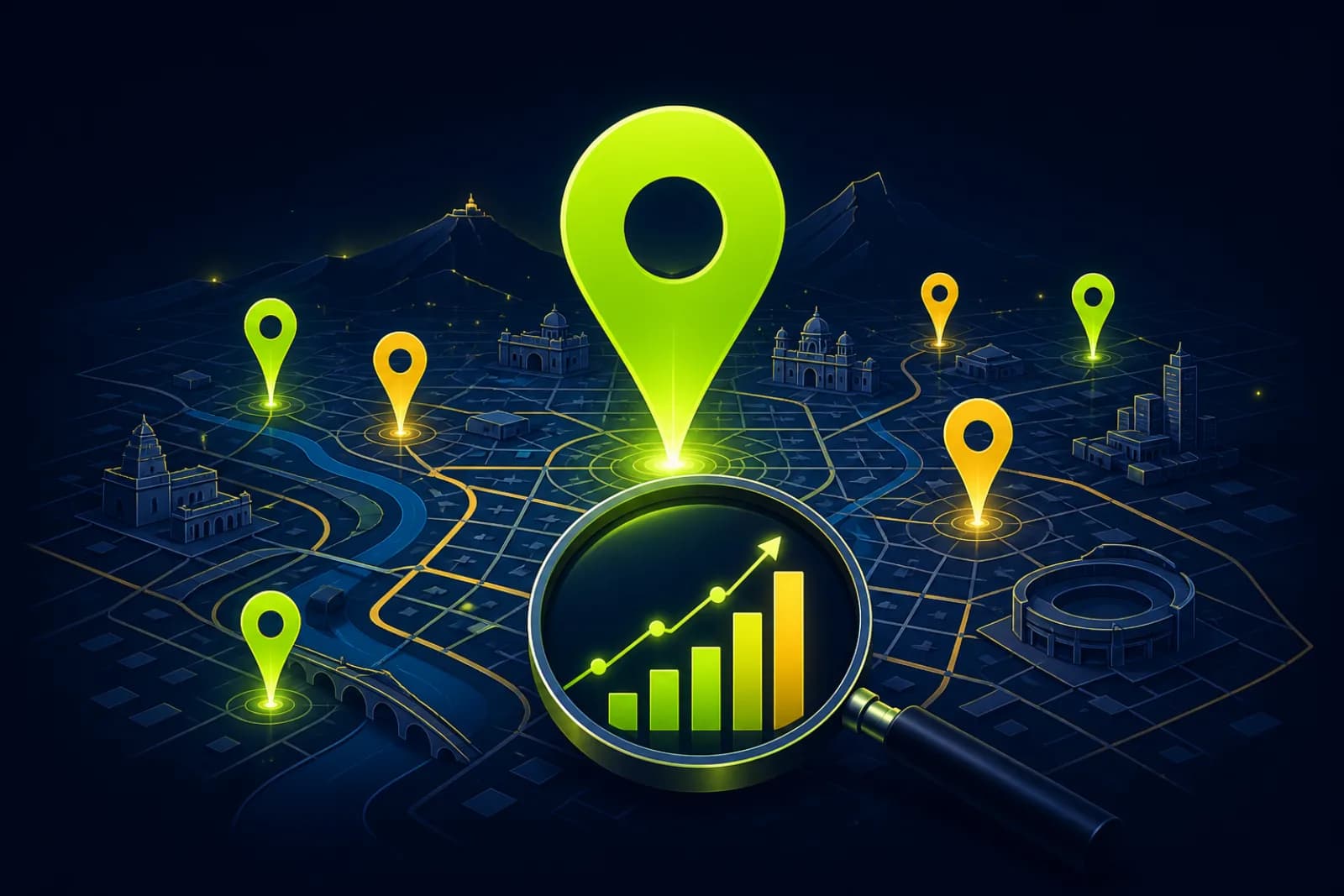 Illustration of a Pune city map with glowing location pins and a magnifying glass revealing rankings