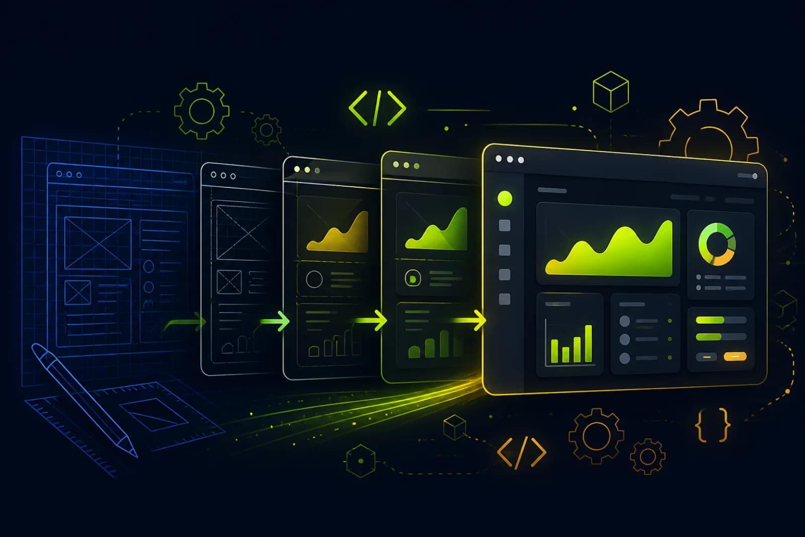 Illustration of a blueprint transforming into a polished live web application dashboard