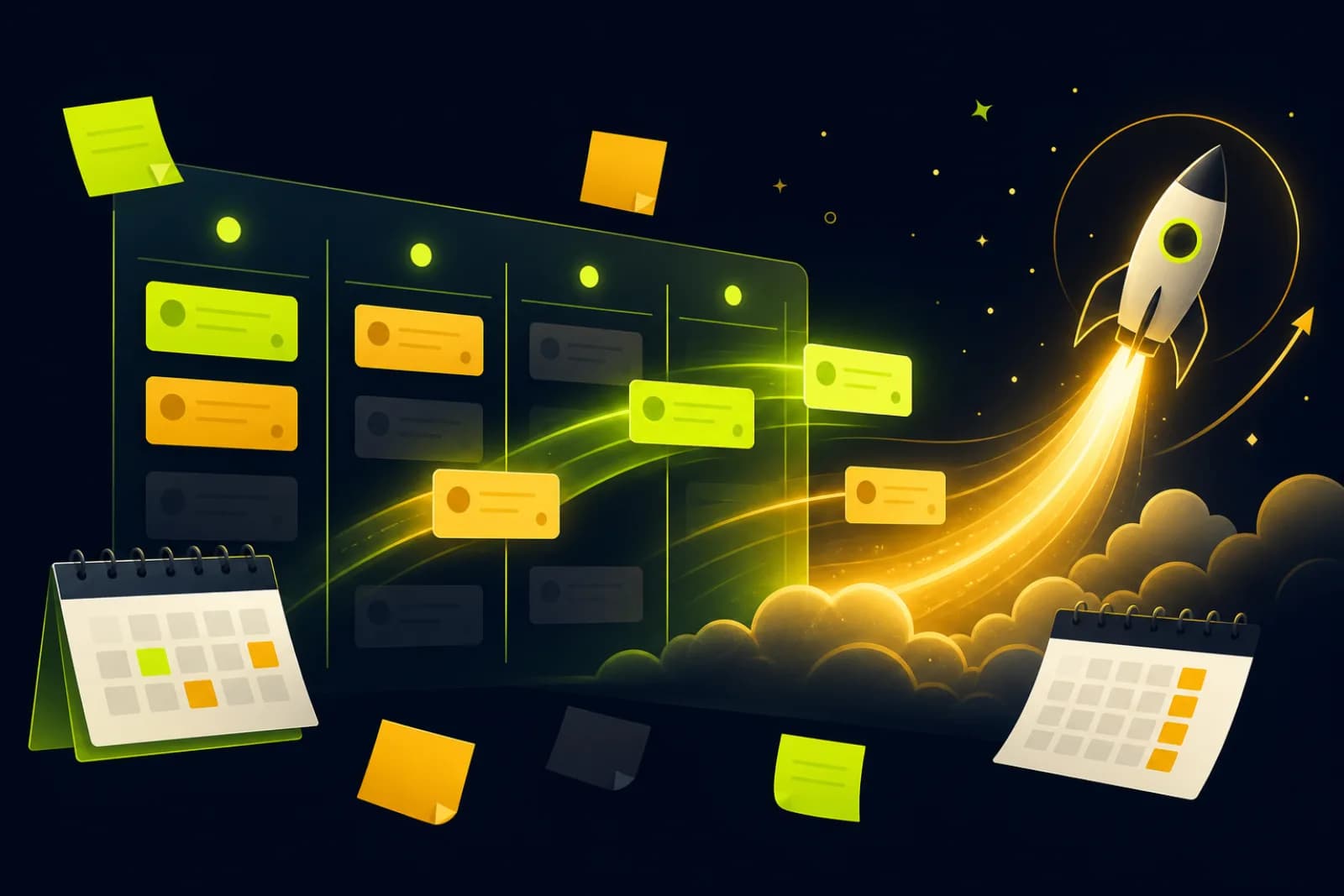 Illustration of a kanban board with cards moving toward a rocket launch