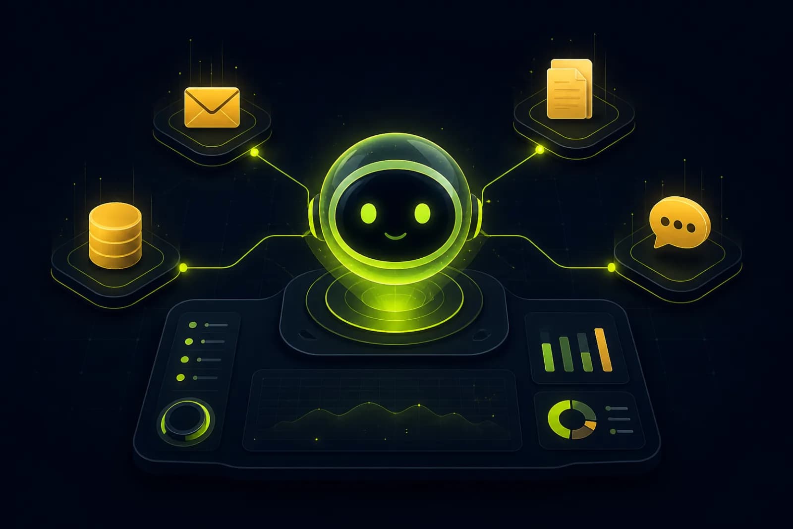 Illustration of an AI agent console connected to company tools like email, documents, and databases