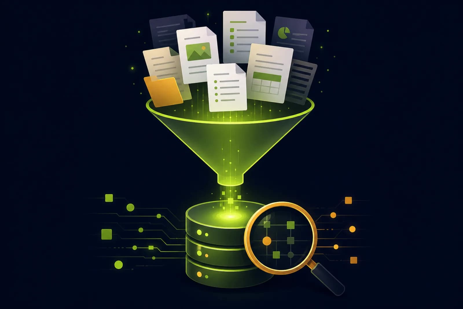 Illustration of company documents being indexed into a structured knowledge base for retrieval
