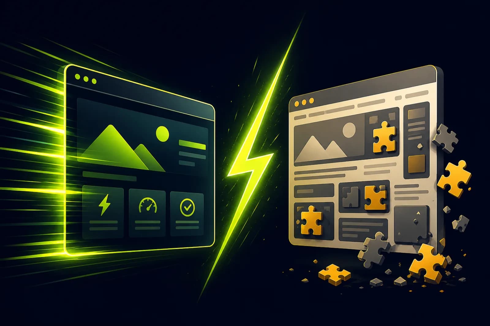 Illustration of two website windows in a versus scene, one sleek and fast, one cluttered with plugins
