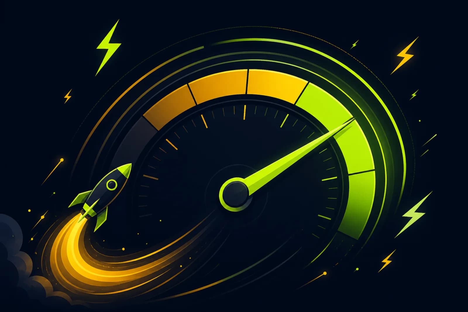 Illustration of a speedometer gauge in the green zone representing web performance scores