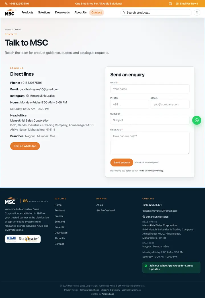 Mansukhlal Sales Corporation Contact page screenshot