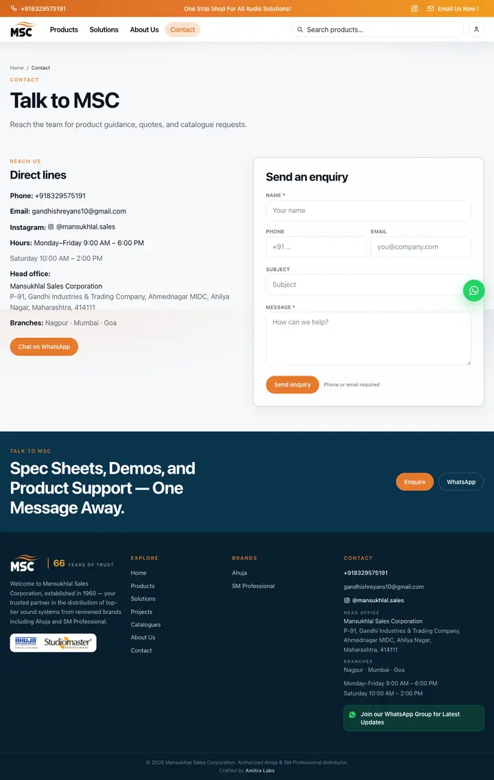 Mansukhlal Sales Corporation Contact page screenshot